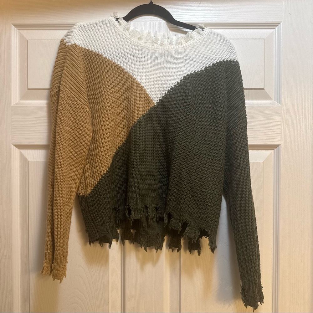 Distressed Colorblock Knit Sweater - White, Camel & Olive